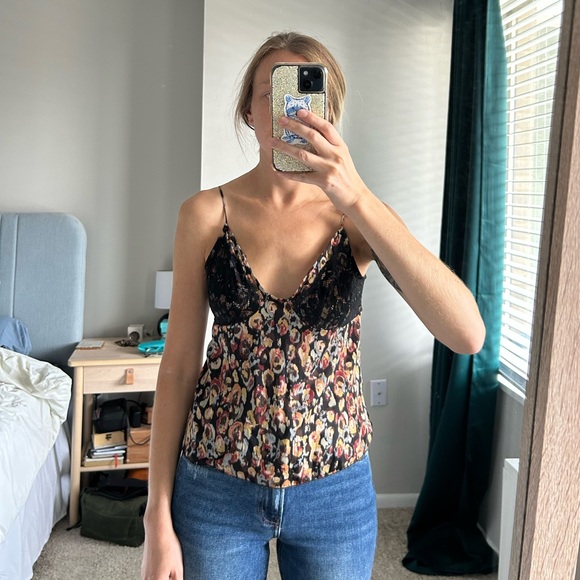 Free People Black Floral Cami with Lace - Picture 1 of 8